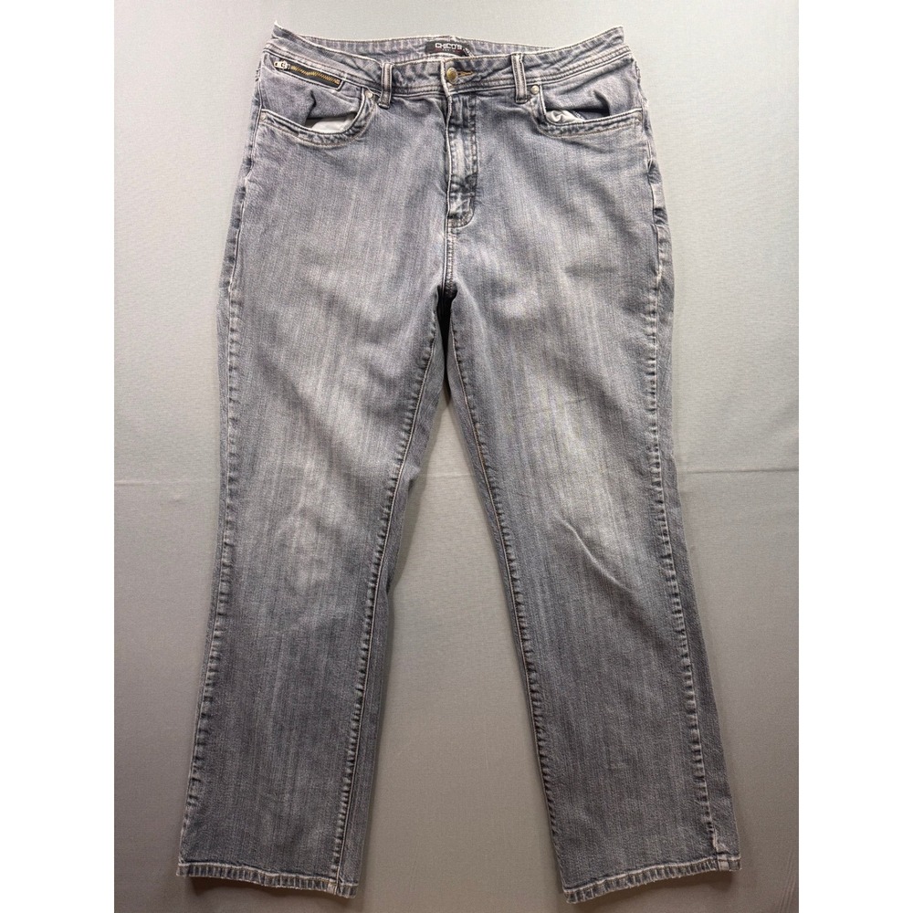 Chico's Denim Womens Gray Straight Leg Jeans Zipper Detail Size 2.5 Medium Wash
